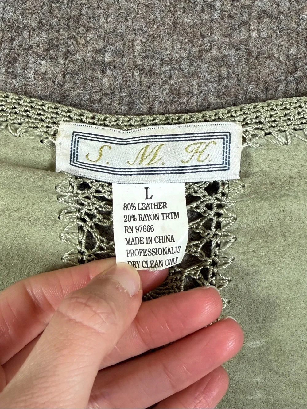 Vintage Sage Green Suede Leather Patchwork Crochet Cardigan Jacket Women’s Large